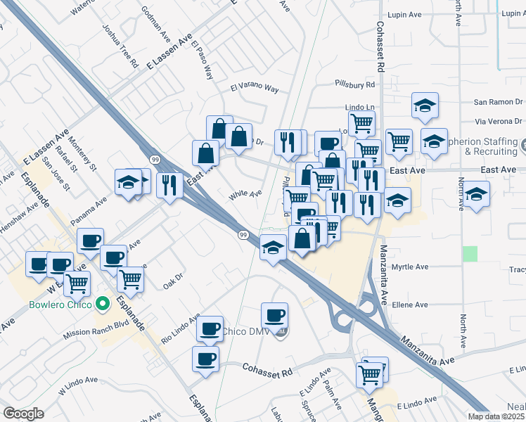 map of restaurants, bars, coffee shops, grocery stores, and more near 6 El Cortez Circle in Chico