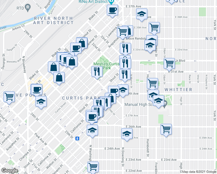 map of restaurants, bars, coffee shops, grocery stores, and more near 3015 Stout Street in Denver