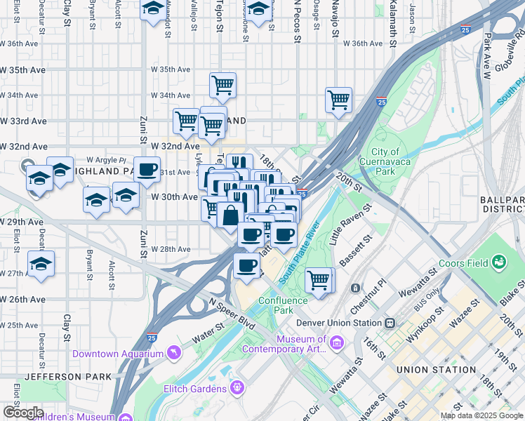 map of restaurants, bars, coffee shops, grocery stores, and more near 2510 Kensing Court in Denver