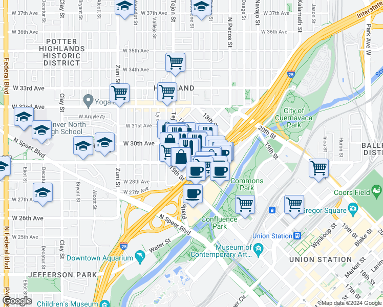 map of restaurants, bars, coffee shops, grocery stores, and more near 2510 Kensing Court in Denver
