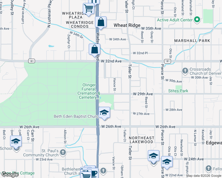 map of restaurants, bars, coffee shops, grocery stores, and more near 2910 Webster Street in Wheat Ridge