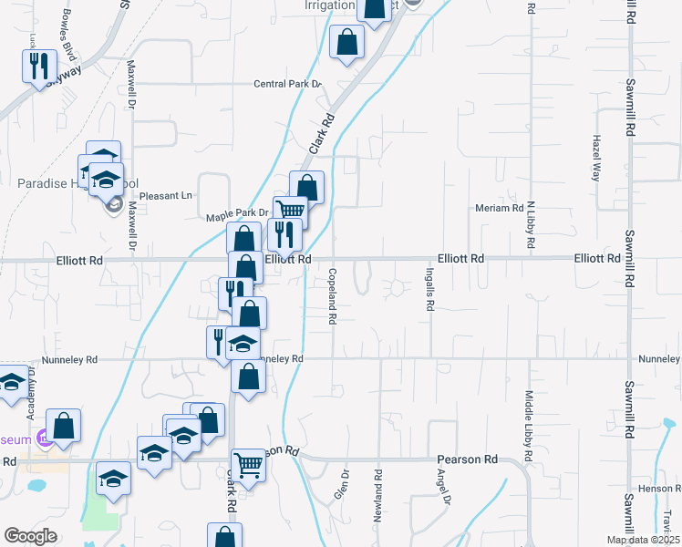 map of restaurants, bars, coffee shops, grocery stores, and more near 1220 Elliott Road in Paradise