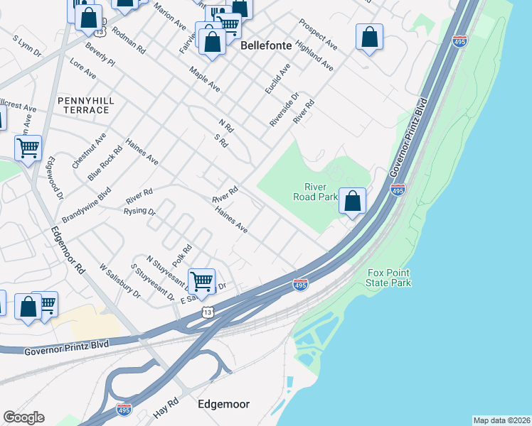 map of restaurants, bars, coffee shops, grocery stores, and more near 1205 Lore Avenue in Wilmington