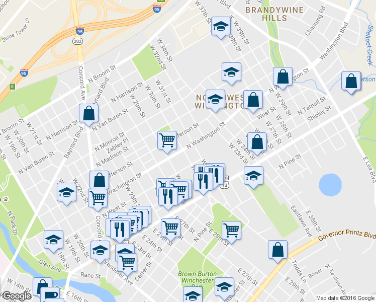 map of restaurants, bars, coffee shops, grocery stores, and more near in Wilmington