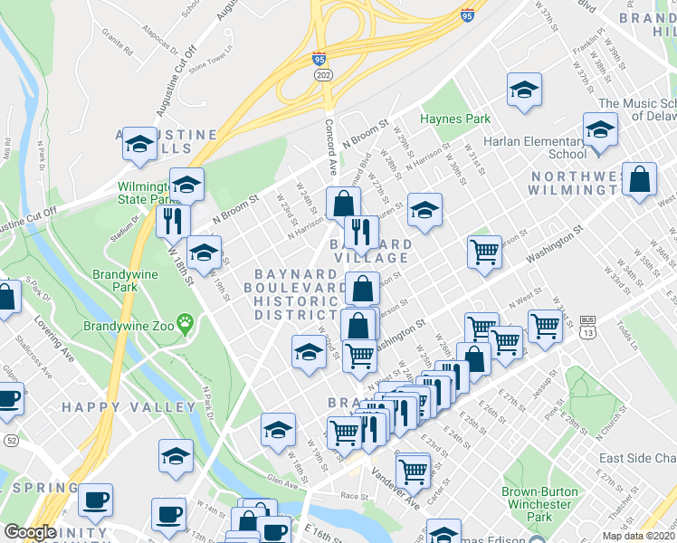 map of restaurants, bars, coffee shops, grocery stores, and more near 609 West 23rd Street in Wilmington