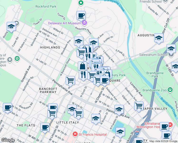 map of restaurants, bars, coffee shops, grocery stores, and more near in Wilmington