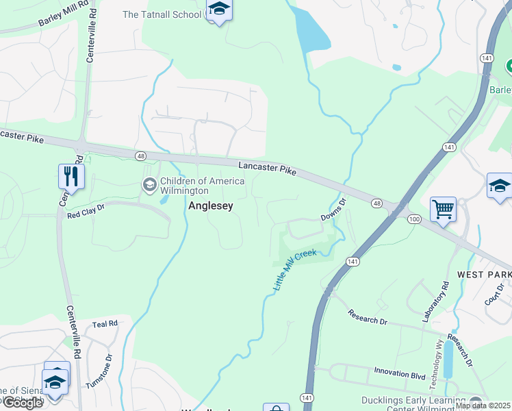 map of restaurants, bars, coffee shops, grocery stores, and more near 4800 Lancaster Pike in Wilmington