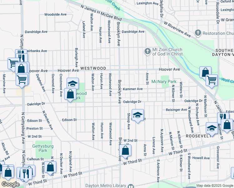 map of restaurants, bars, coffee shops, grocery stores, and more near 425 Brooklyn Avenue in Dayton
