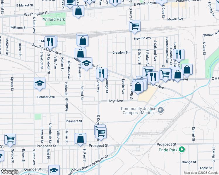 map of restaurants, bars, coffee shops, grocery stores, and more near 529 Trowbridge Street in Indianapolis