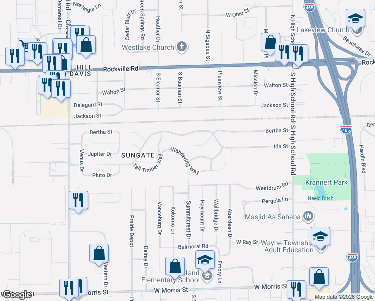 map of restaurants, bars, coffee shops, grocery stores, and more near 6721 Larkwood Court in Indianapolis