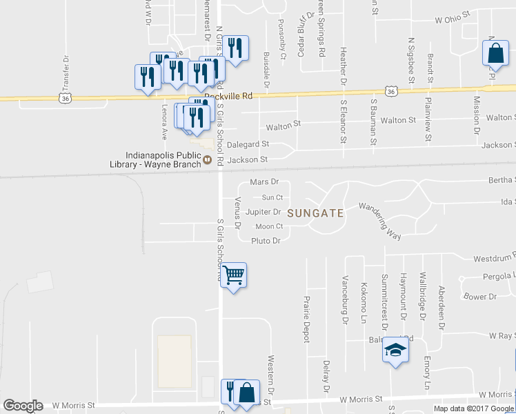 map of restaurants, bars, coffee shops, grocery stores, and more near 7120 Jupiter Drive in Indianapolis