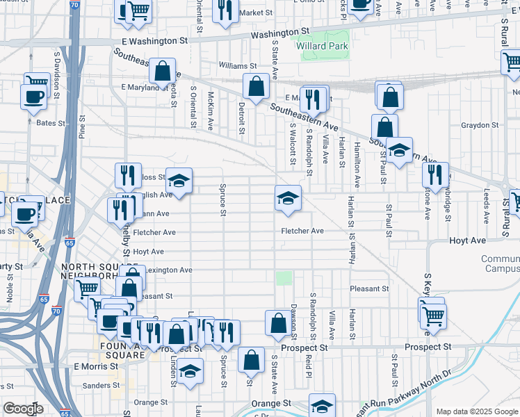 map of restaurants, bars, coffee shops, grocery stores, and more near 1628 Spann Avenue in Indianapolis