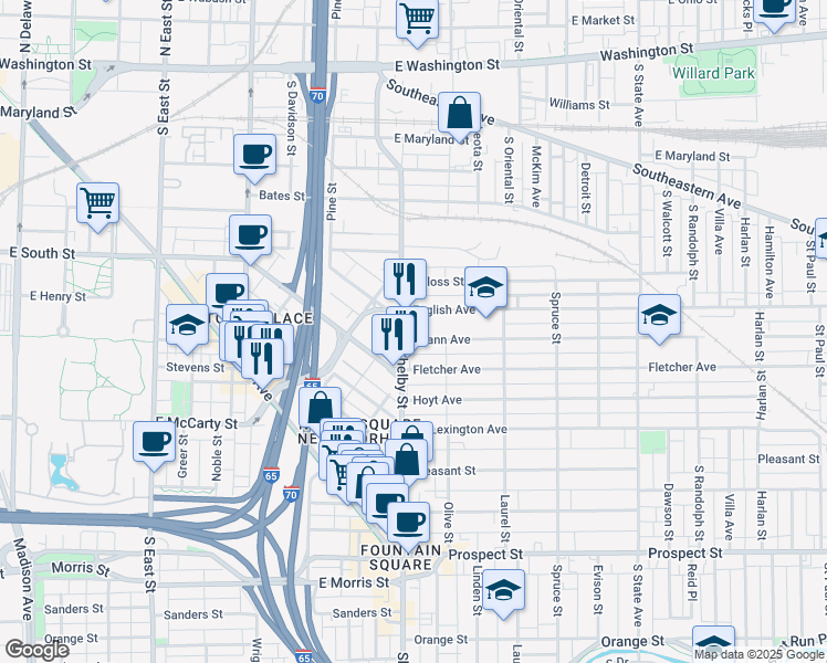map of restaurants, bars, coffee shops, grocery stores, and more near 1112 Spann Avenue in Indianapolis