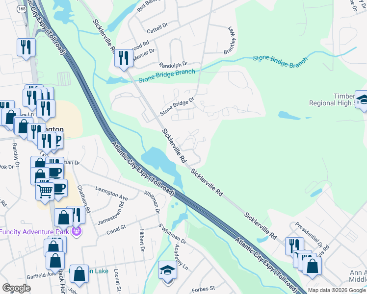 map of restaurants, bars, coffee shops, grocery stores, and more near 303 Brighton Court in Sicklerville