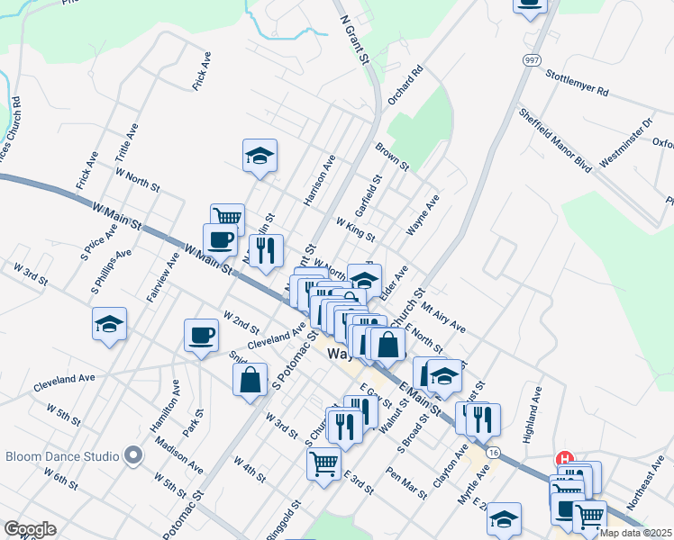map of restaurants, bars, coffee shops, grocery stores, and more near 103 Garfield Street in Waynesboro