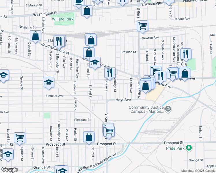 map of restaurants, bars, coffee shops, grocery stores, and more near 525 South Keystone Avenue in Indianapolis