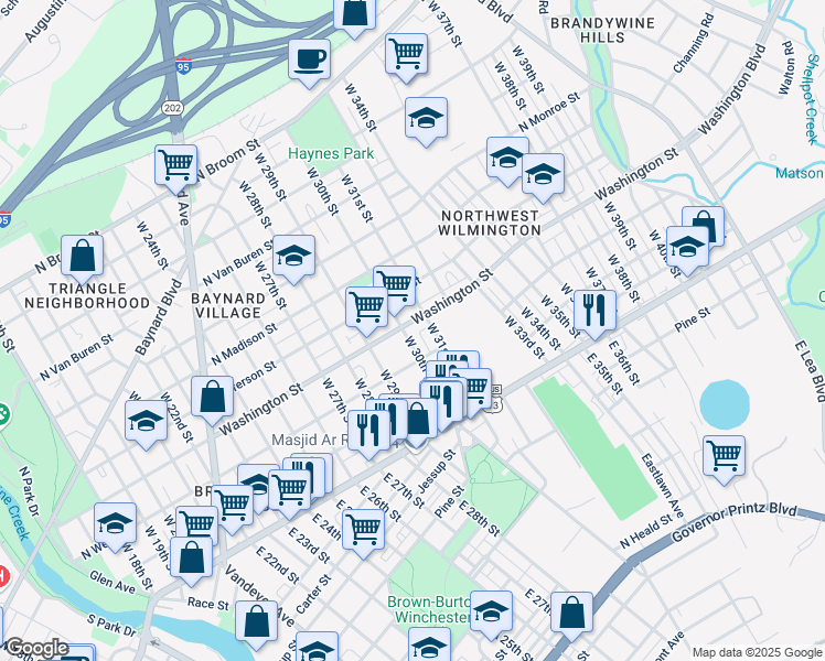 map of restaurants, bars, coffee shops, grocery stores, and more near in Wilmington