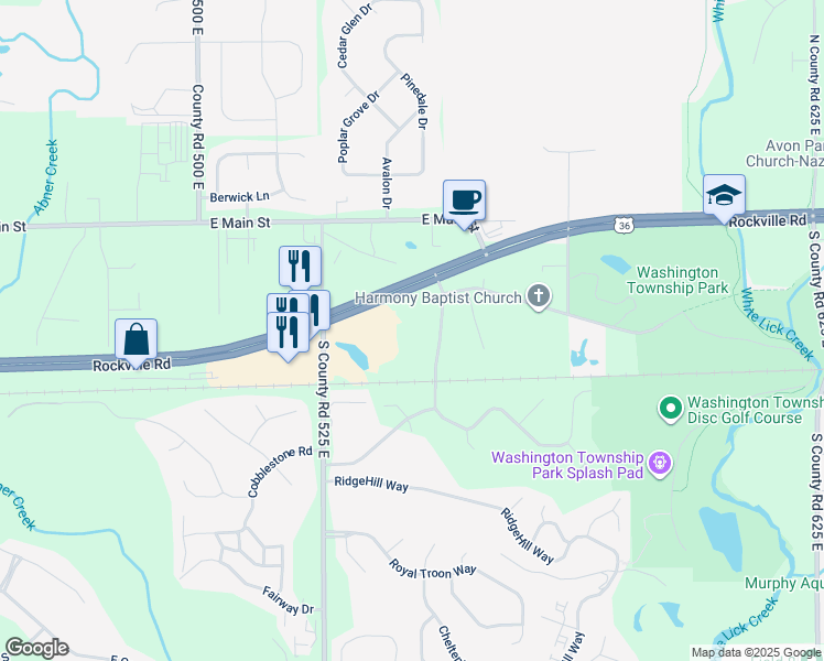 map of restaurants, bars, coffee shops, grocery stores, and more near 2 South County Road 550 East in Avon