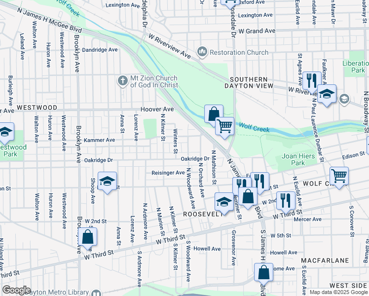 map of restaurants, bars, coffee shops, grocery stores, and more near 429 N Woodward Ave in Dayton