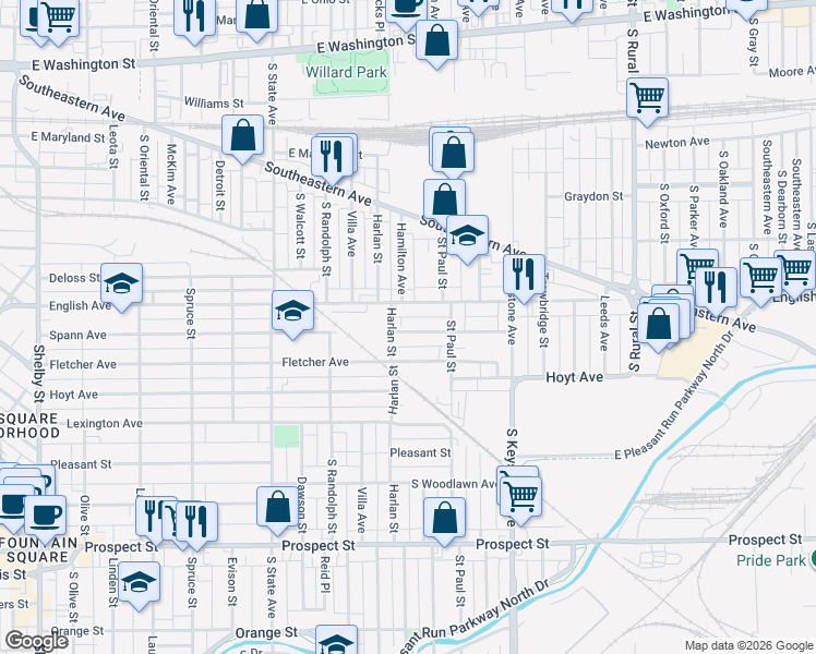 map of restaurants, bars, coffee shops, grocery stores, and more near 2114 Spann Avenue in Indianapolis