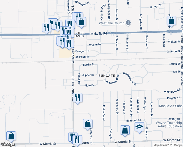 map of restaurants, bars, coffee shops, grocery stores, and more near 7114 Jupiter Drive in Indianapolis