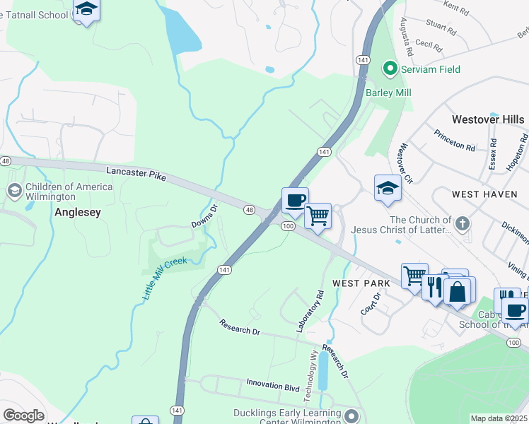 map of restaurants, bars, coffee shops, grocery stores, and more near 4567 Lancaster Pike in Wilmington