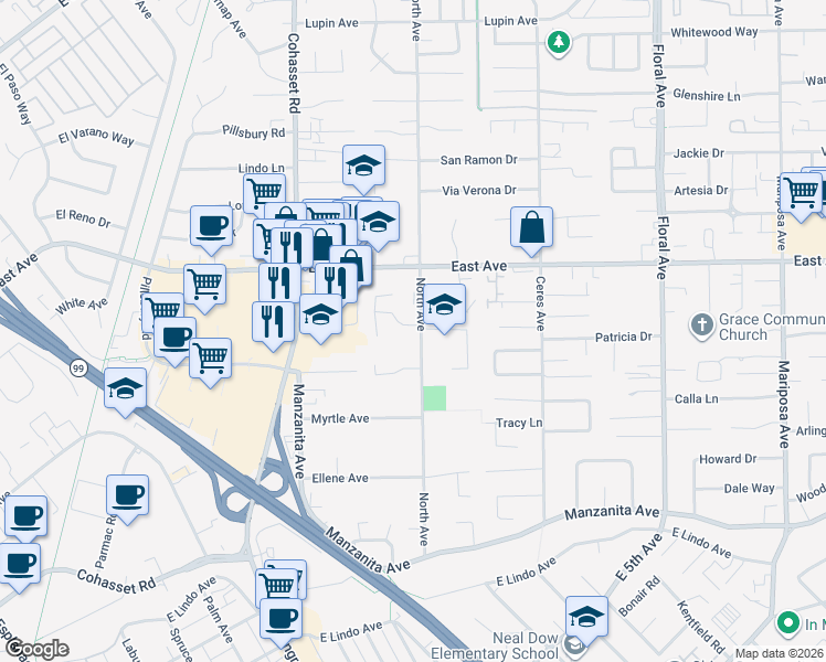 map of restaurants, bars, coffee shops, grocery stores, and more near 5 Cottage Avenue in Chico