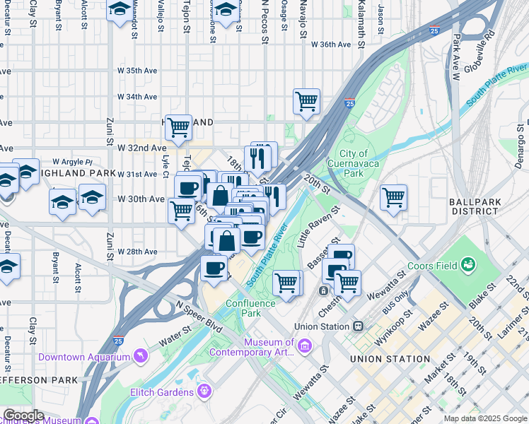 map of restaurants, bars, coffee shops, grocery stores, and more near 1701 Platte Street in Denver