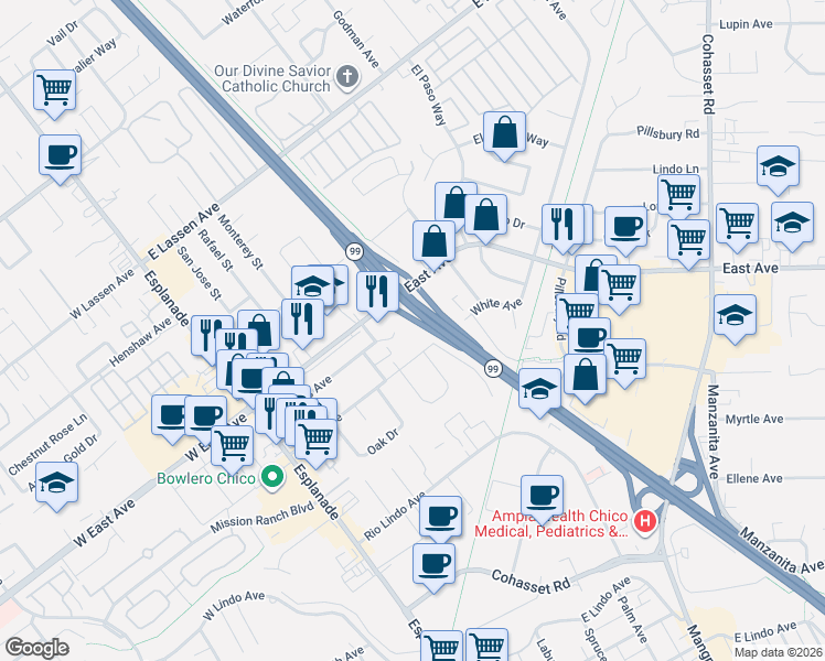 map of restaurants, bars, coffee shops, grocery stores, and more near 392 Connors Court in Chico