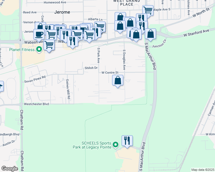 map of restaurants, bars, coffee shops, grocery stores, and more near 3445 South Lincoln Avenue in Springfield
