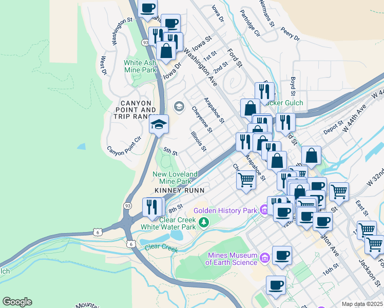 map of restaurants, bars, coffee shops, grocery stores, and more near 505 Maple Street in Golden