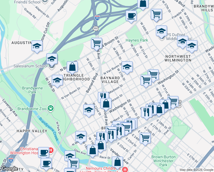 map of restaurants, bars, coffee shops, grocery stores, and more near 2404 North Monroe Street in Wilmington