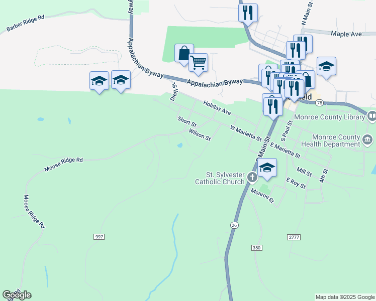 map of restaurants, bars, coffee shops, grocery stores, and more near 106 Duper Drive in Woodsfield