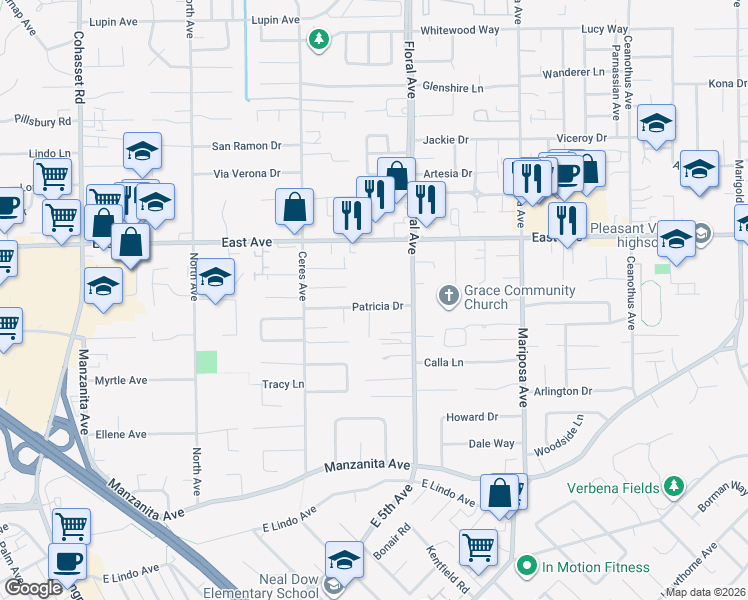 map of restaurants, bars, coffee shops, grocery stores, and more near 1186 Patricia Drive in Chico