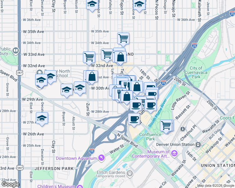 map of restaurants, bars, coffee shops, grocery stores, and more near in Denver