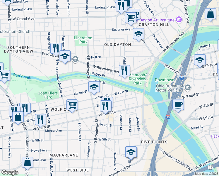 map of restaurants, bars, coffee shops, grocery stores, and more near 229 North Williams Street in Dayton