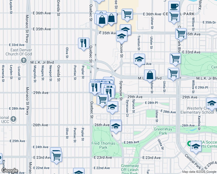 map of restaurants, bars, coffee shops, grocery stores, and more near 2961 Roslyn Street in Denver