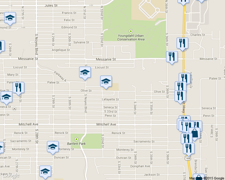 map of restaurants, bars, coffee shops, grocery stores, and more near 3227 Olive Street in St. Joseph