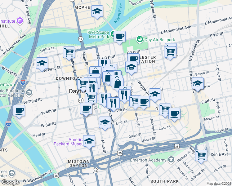 map of restaurants, bars, coffee shops, grocery stores, and more near 35 South Saint Clair Street in Dayton