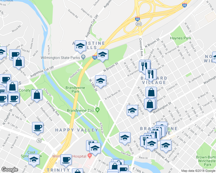 map of restaurants, bars, coffee shops, grocery stores, and more near 800 West 20th Street in Wilmington