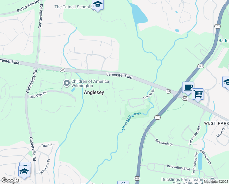 map of restaurants, bars, coffee shops, grocery stores, and more near 4800 Lancaster Pike in Wilmington
