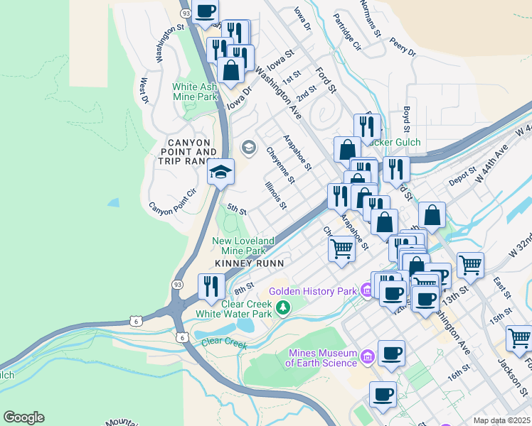 map of restaurants, bars, coffee shops, grocery stores, and more near 505 Maple Street in Golden