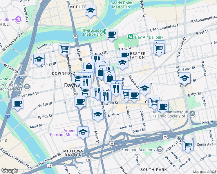 map of restaurants, bars, coffee shops, grocery stores, and more near 28 South Jefferson Street in Dayton
