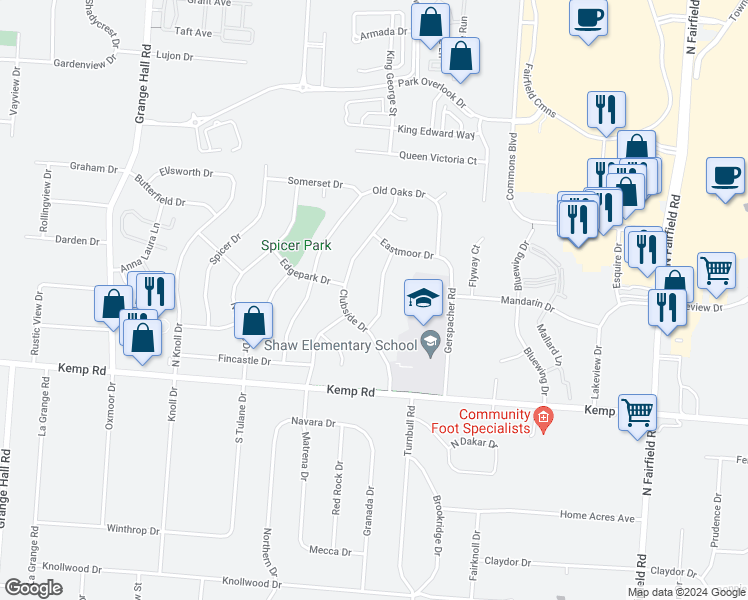 map of restaurants, bars, coffee shops, grocery stores, and more near 2369 Meadow Green Drive in Dayton