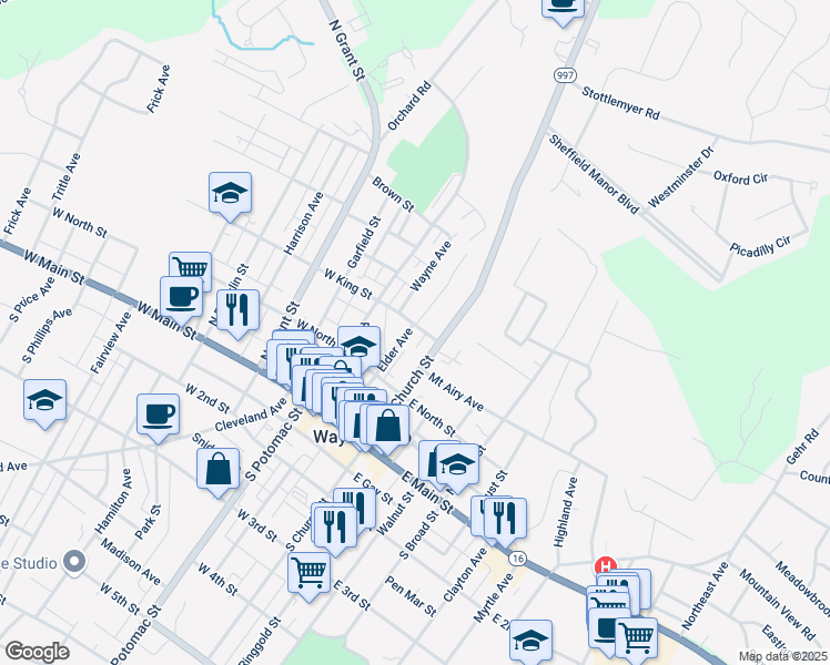 map of restaurants, bars, coffee shops, grocery stores, and more near 215 Elder Avenue in Waynesboro