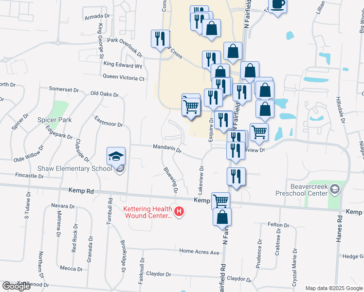 map of restaurants, bars, coffee shops, grocery stores, and more near 2372 Mallard Lane in Beavercreek