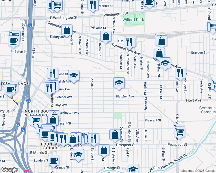 map of restaurants, bars, coffee shops, grocery stores, and more near 1628 Spann Avenue in Indianapolis
