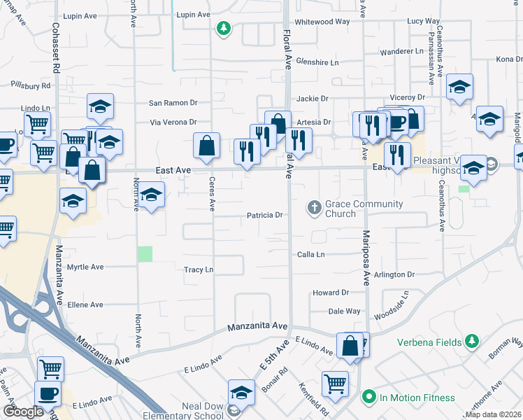 map of restaurants, bars, coffee shops, grocery stores, and more near 1186 Patricia Drive in Chico
