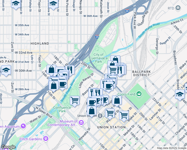 map of restaurants, bars, coffee shops, grocery stores, and more near 1900 Little Raven Street in Denver