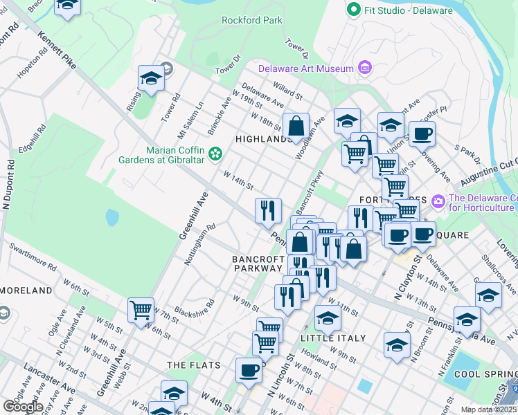 map of restaurants, bars, coffee shops, grocery stores, and more near 2334 West 14th Street in Wilmington